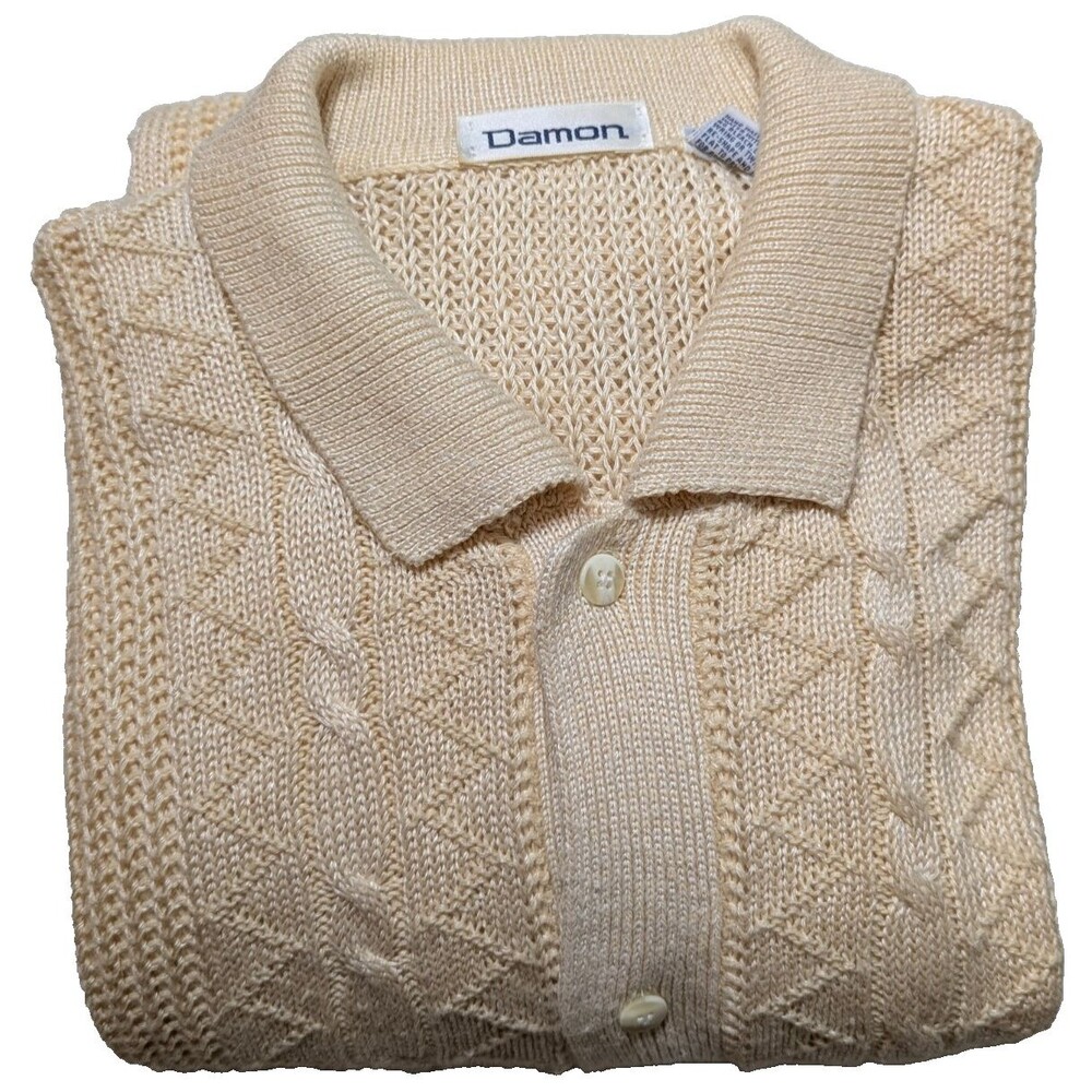 NWOT Vintage Damon Men's XL Cable Knit Polo Sweater Short Sleeve Cream Deadstock